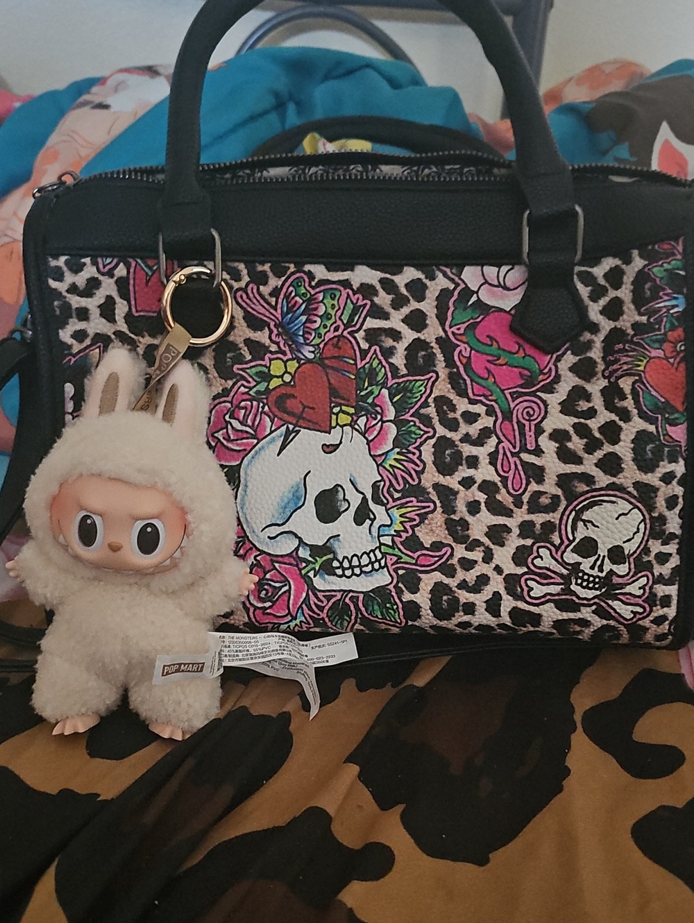 Ed Hardy Black Leopard Satchel with Colorful Skull & Floral Art